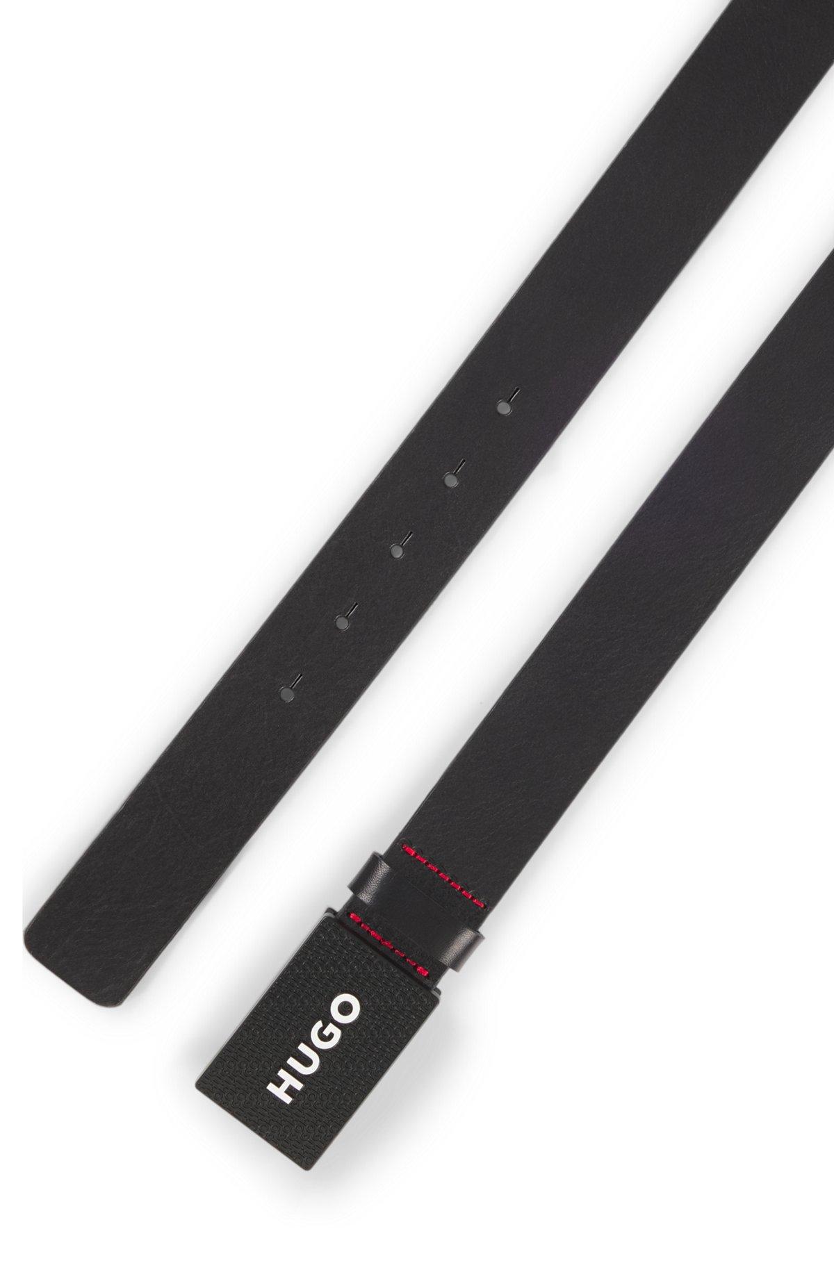 Matte leather belt with branded plaque buckle Product Image