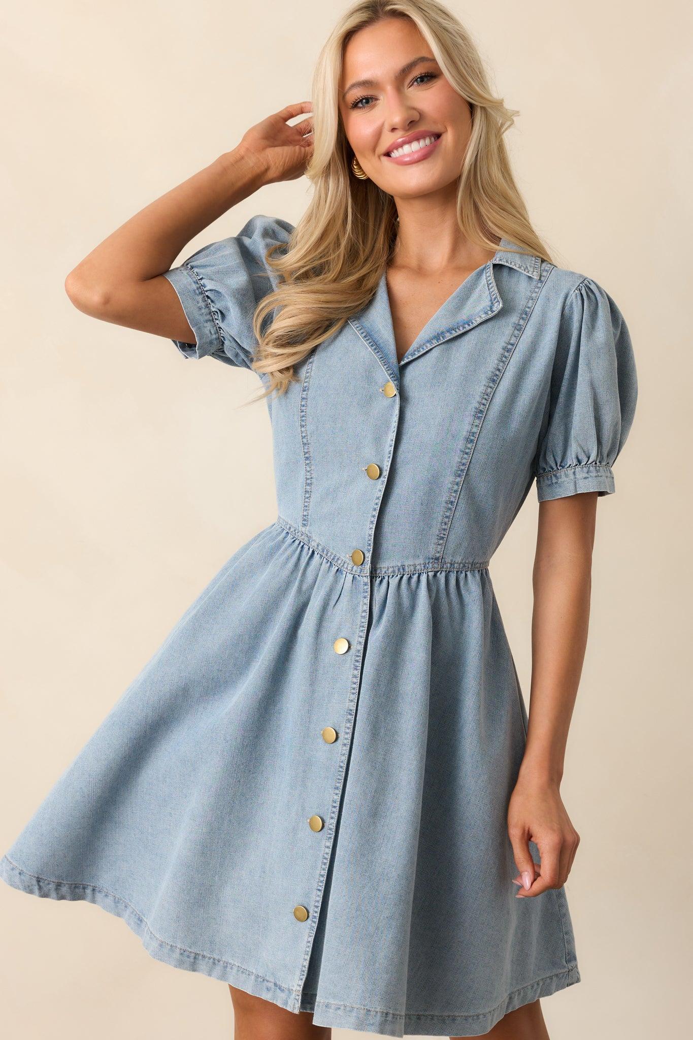 The World Awaits Light Wash Denim Mini Shirt Dress Product Image
