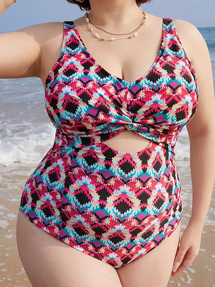 Geometric Print Cut Out Twist Front One Piece Swimsuit Female Product Image