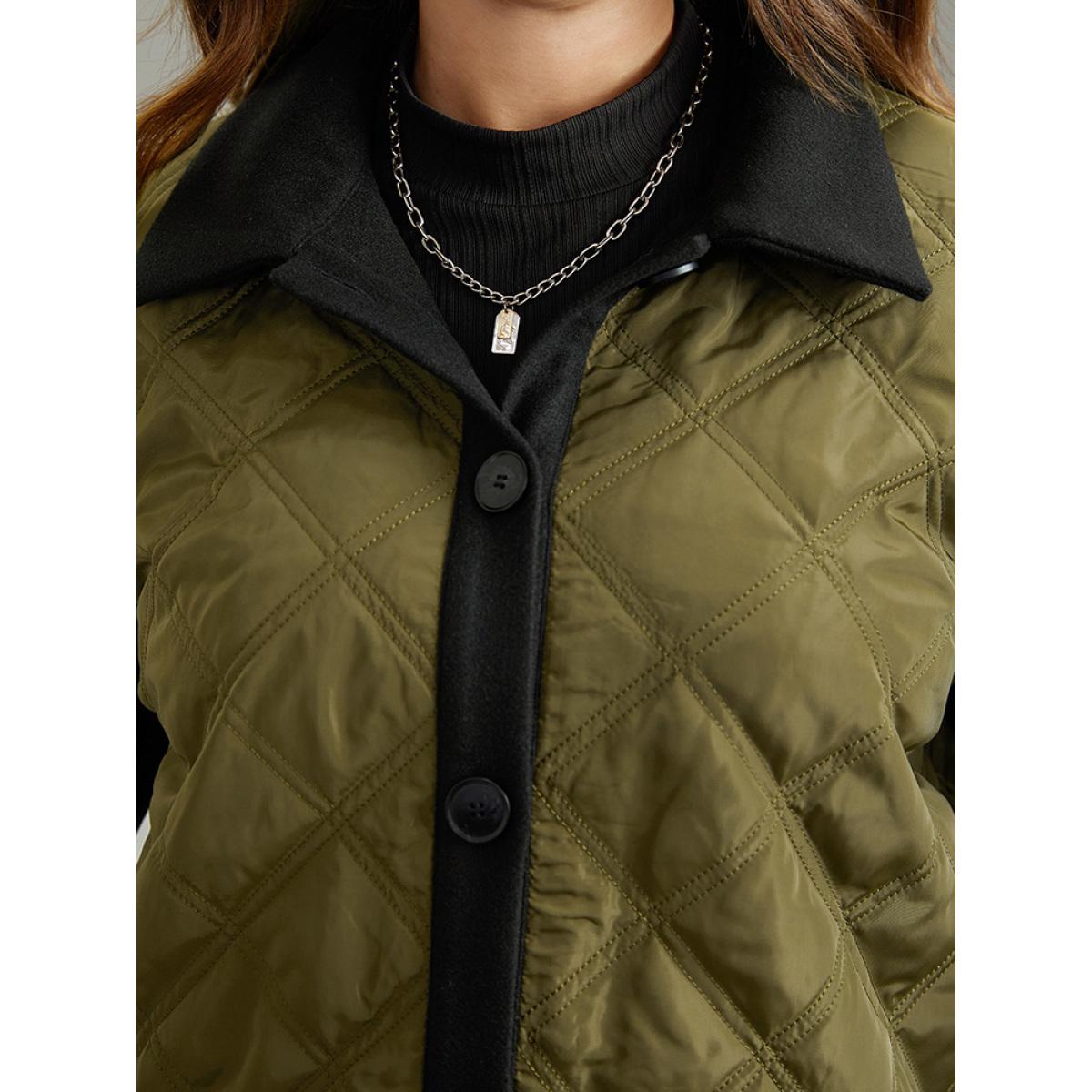 Plus Size Contrast Patchwork Quilted Button Up Jacket Women ArmyGreen Casual Texture Ladies Dailywear Winter Coats BloomChic 18-20/2X Product Image