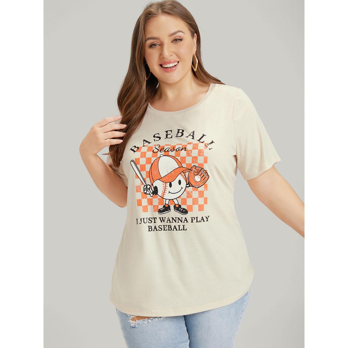 Plus Size Cartoon & Letter Print Crew Neck Graphic T-shirt Apricot Women Casual POP culture Dailywear T-shirts BloomChic 28/5X Product Image