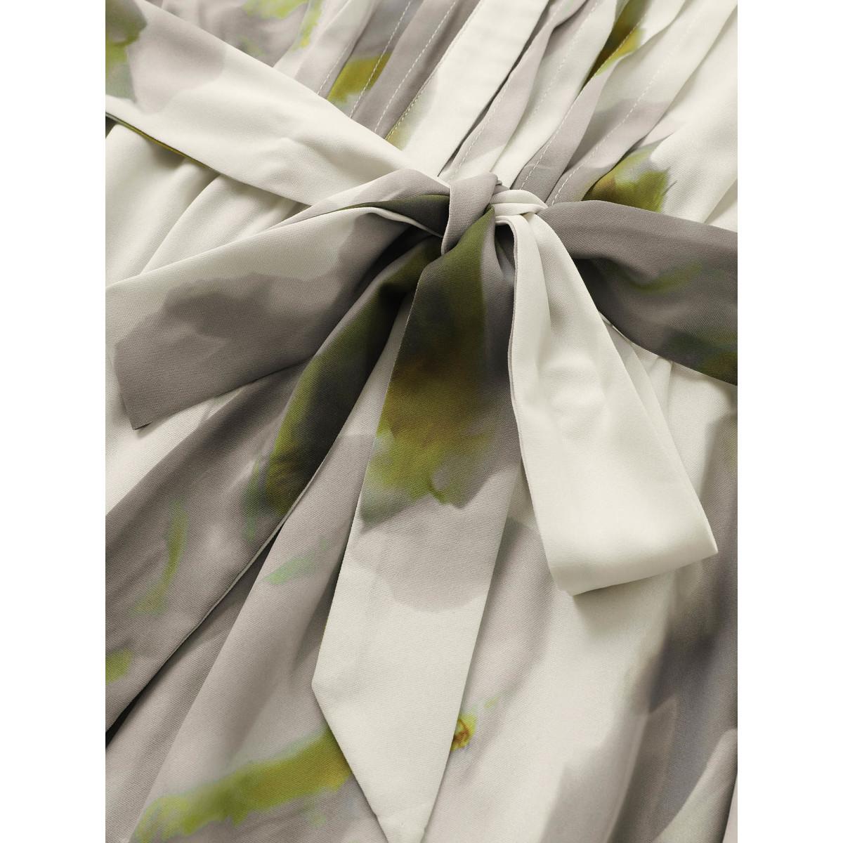 Plus Size Colorblock Notched Pleated Belted Curved Hem Dress Sage Women At the Office Non Notched collar Short sleeve Curvy Midi Dress BloomChic 18-20/2X Product Image