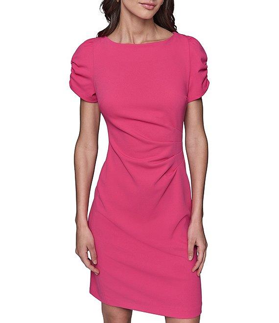 KARL LAGERFELD PARIS Scuba Crepe Crew Neck Short Sleeve Ruched Sheath Mini Dress Product Image