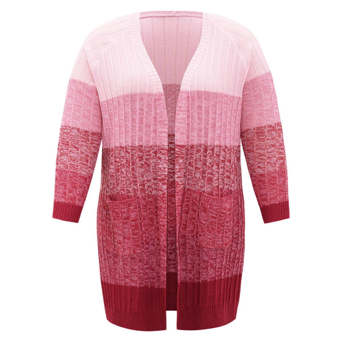 Plus Size Ombre Colorblock Patched Pocket Tunic Cardigan Watermelon Women Casual Loose Long Sleeve Dailywear Cardigans BloomChic 18-20/2X Product Image