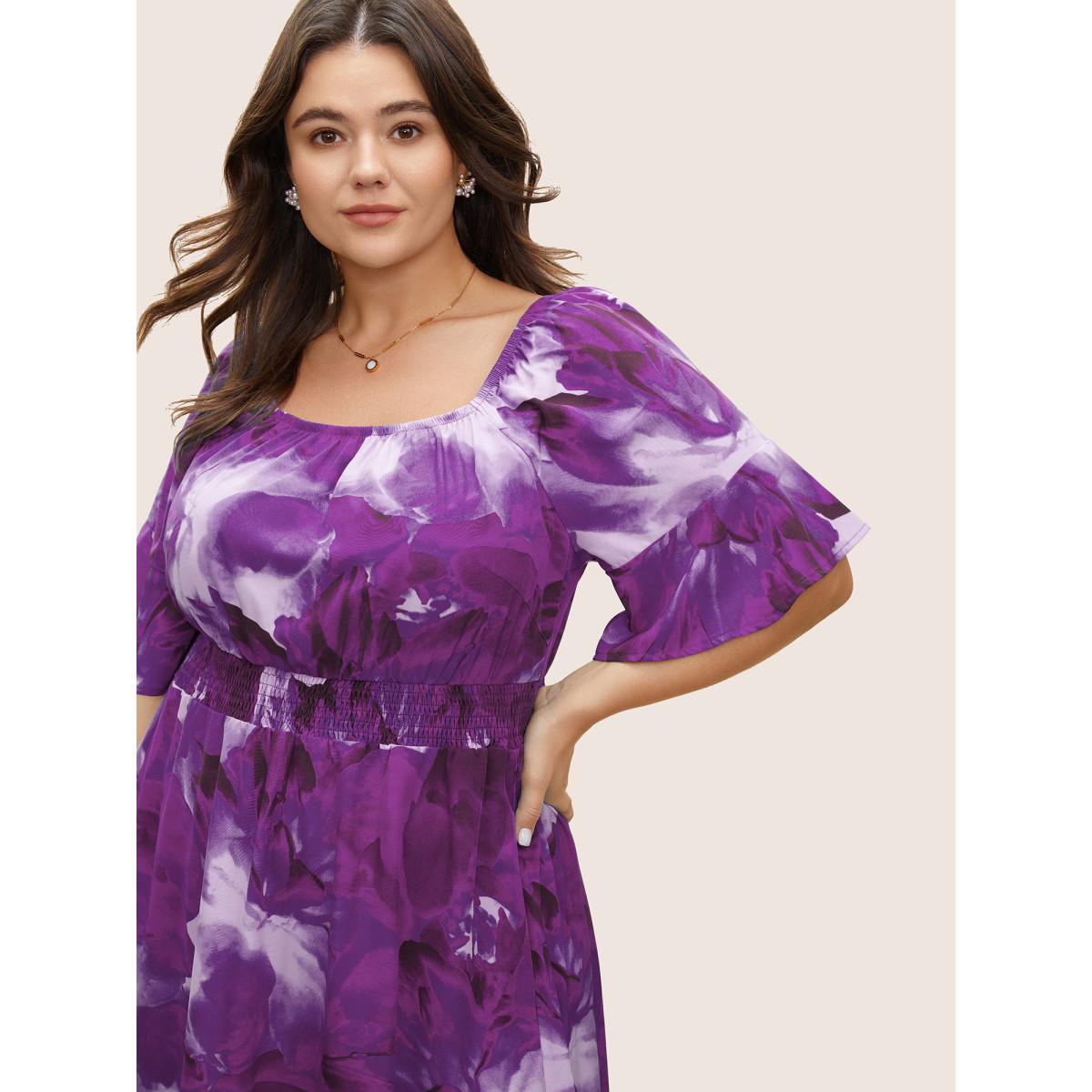 Plus Size Square Neck Floral Shirred Ruffle Sleeve Dress Purple Women Elegant Non Square Neck Short sleeve Curvy Midi Dress BloomChic 30/6X Product Image