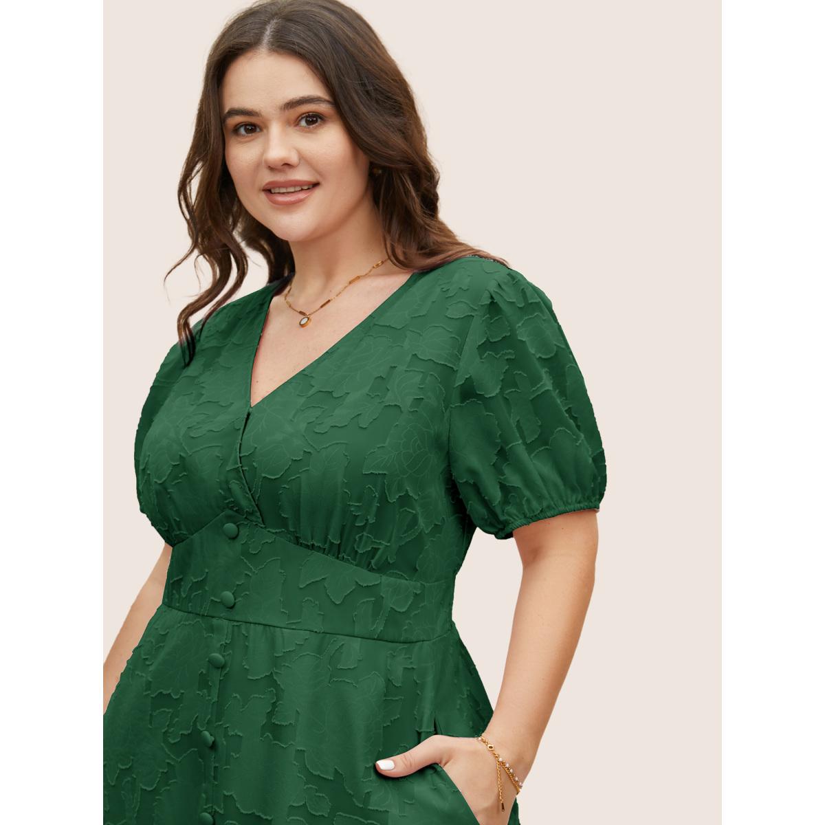 Plus Size Solid Textured Lantern Sleeve Button Detail Dress Emerald Women Elegant Button V-neck Short sleeve Curvy BloomChic 28/5X Product Image