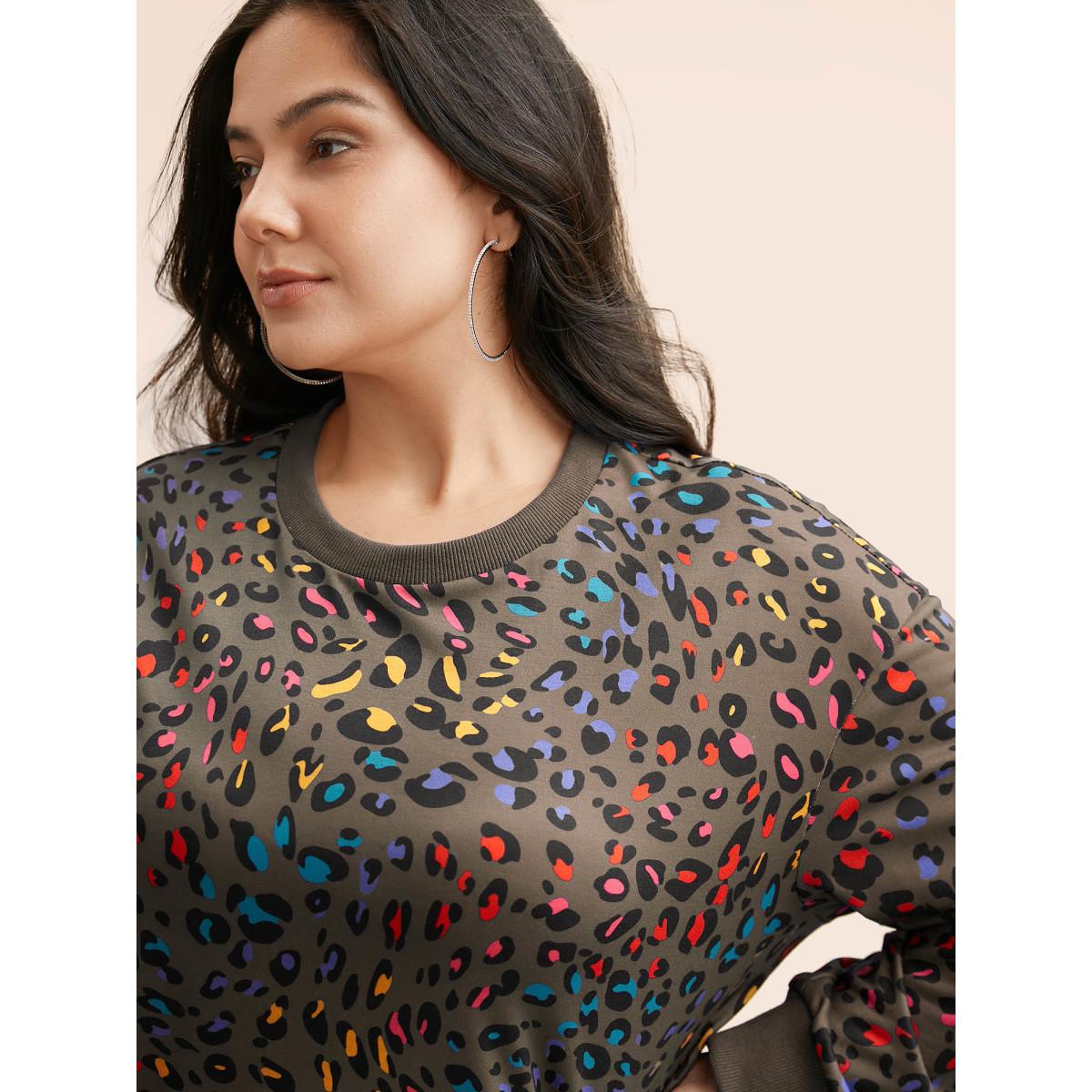 Plus Size Round Neck Color Leopard Print Sweatshirt Women DarkBrown Casual Contrast Round Neck Everyday Sweatshirts BloomChic 10/M Product Image
