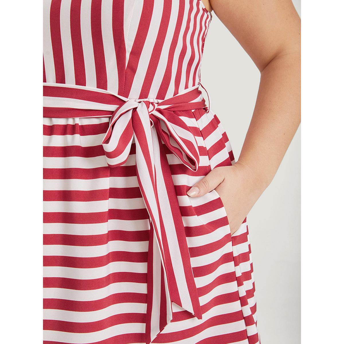 Plus Size Striped Print Belted Ruffle Layered Hem Cami Dress Scarlet Women Office Adjustable Straps Spaghetti Strap Sleeveless Curvy Midi Dress BloomChic 14-16/1X Product Image
