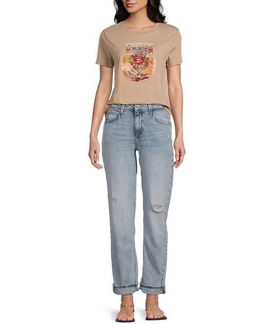 Guess Logo Detailed/Desert Flower Rhinestone Graphic Short Sleeve T-Shirt Product Image