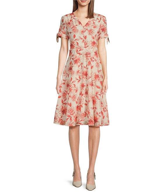 Leslie Fay V-Neck Short Tie Sleeve Mock Button Front Fit and Flare Dress Product Image