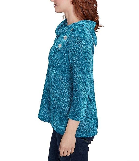 Ruby Rd. Sequin Chenille Knit Cowl Asymmetrical Neck 3/4 Sleeve Sweater Product Image