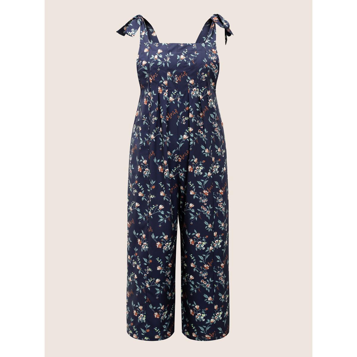 Plus Size Indigo Ditsy Floral Pleated Ties Spaghetti Strap Jumpsuit Women Casual Sleeveless Spaghetti Strap Everyday Loose Jumpsuits BloomChic 28/5X Product Image