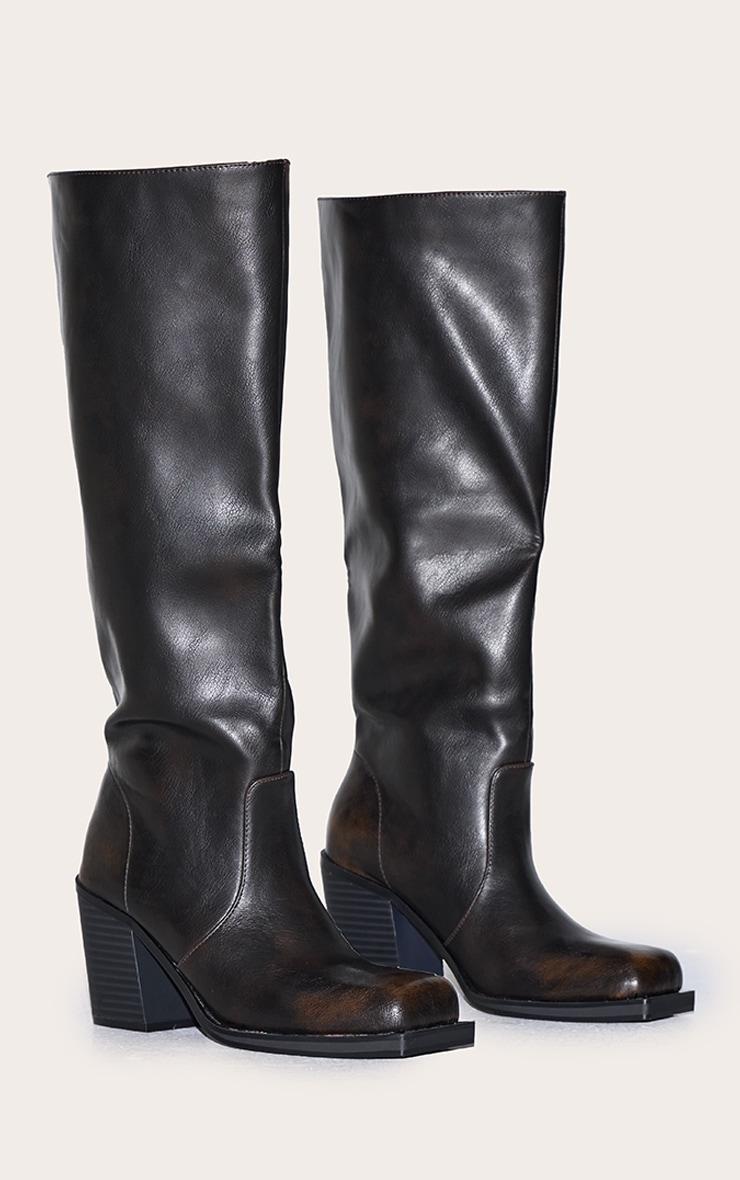 Brown Burnish Pu Square Toe High Block Heel Knee High Boots Product Image