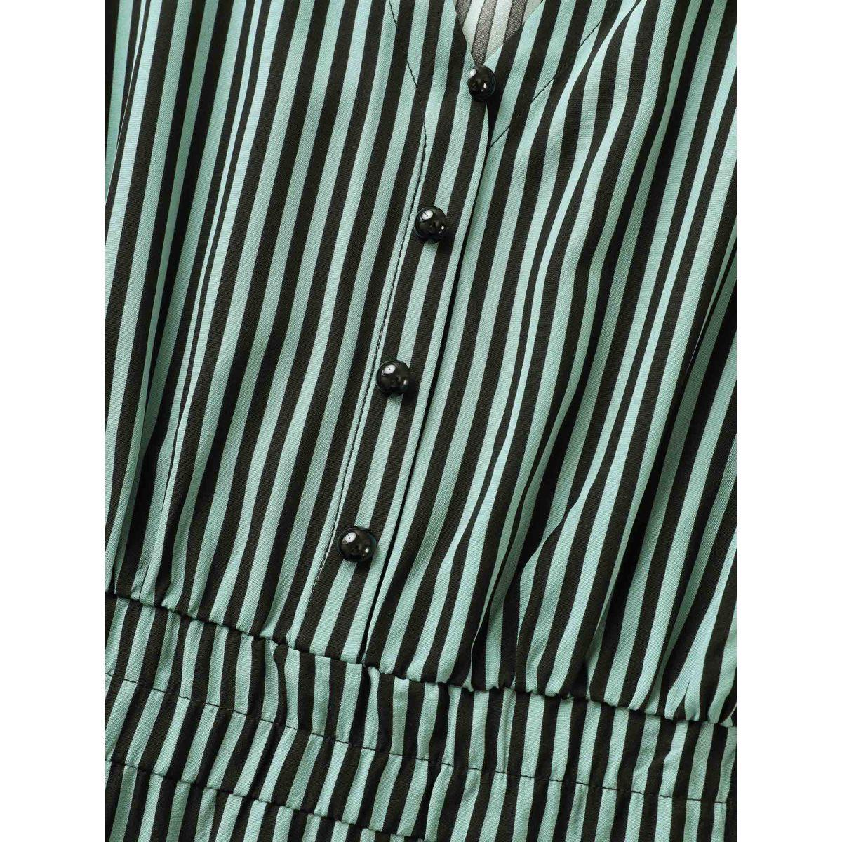 Plus Size Striped Button Detail Ruffle Layered Hem Dress Emerald Women At the Office Button Notched collar Short sleeve Curvy BloomChic 12/L Product Image