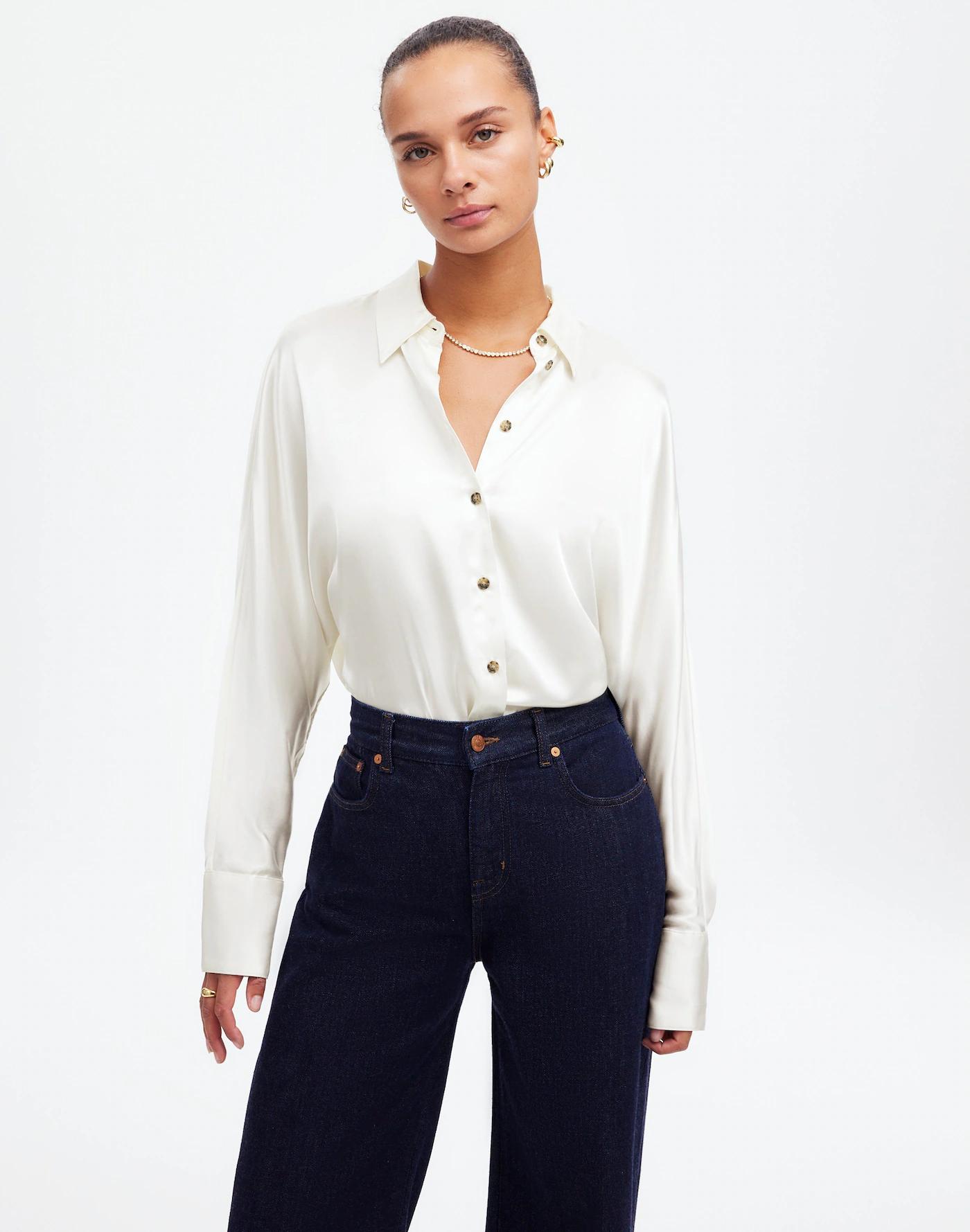 Relaxed Dolman Button-Up Shirt in Satin Product Image