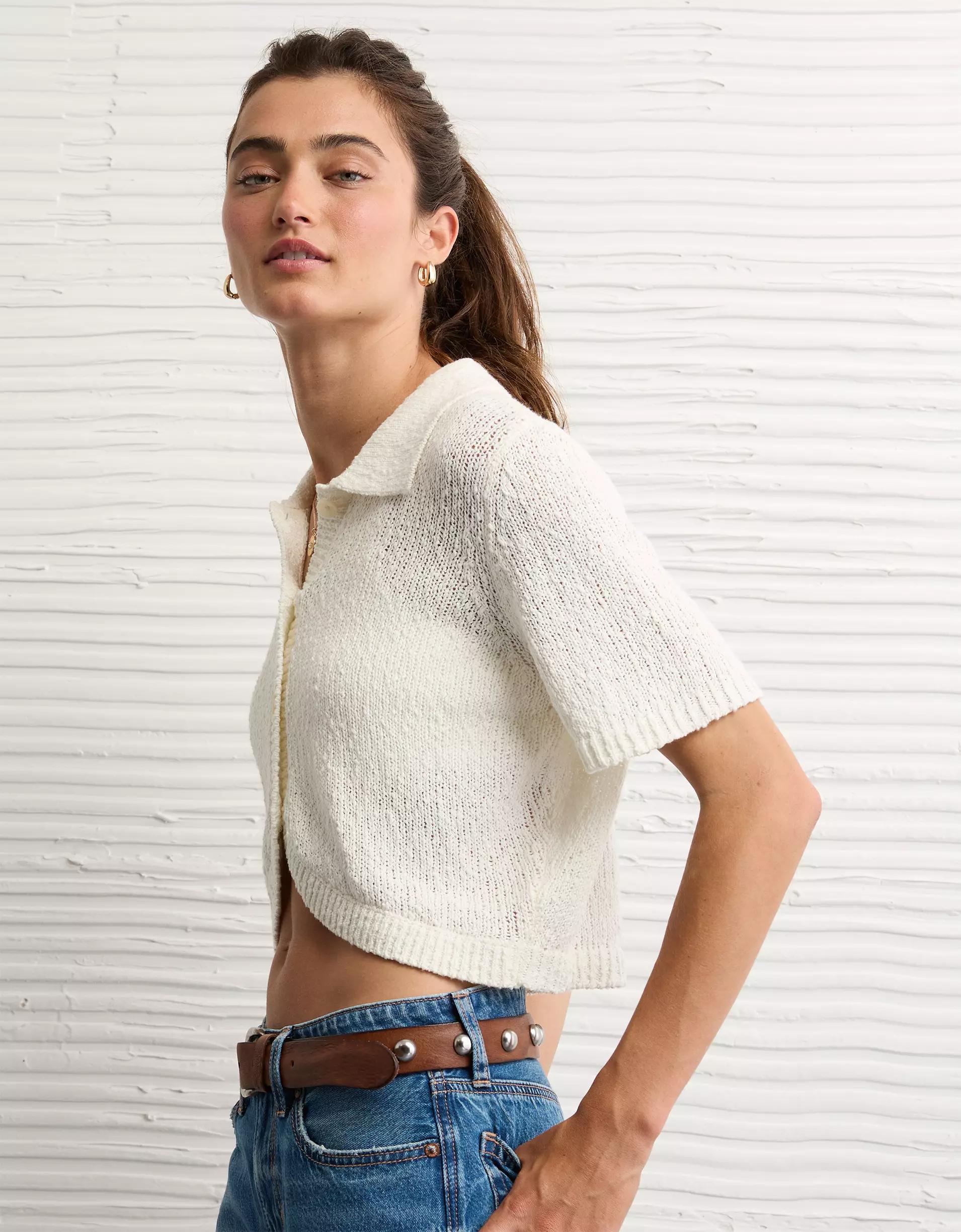 AE Short-Sleeve Collared Button-Up Cardigan Product Image