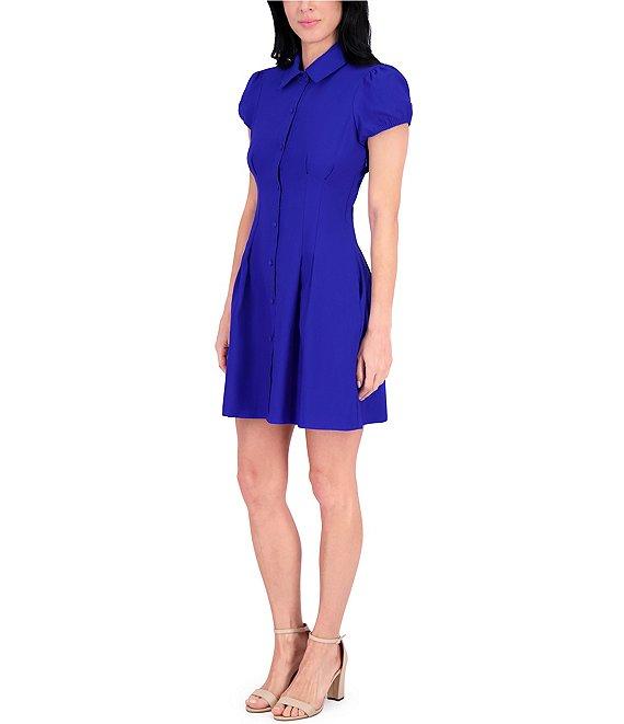 Kensie Short Puffed Sleeve Fit and Flare Shirt Dress Product Image
