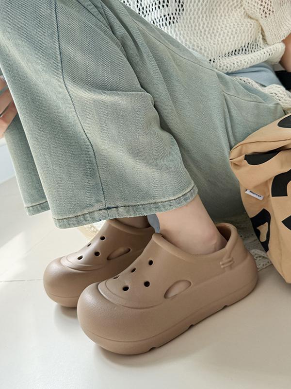 Hollow Round Cut Solid Color Crocs Platform Shoes Sandals Product Image
