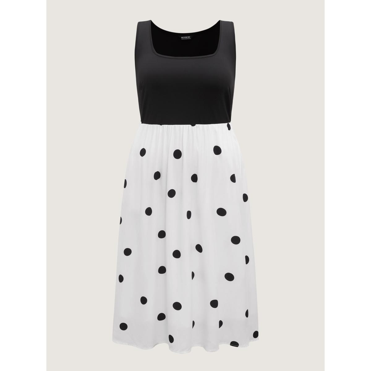 Plus Size Polka Dots Stretchy Waist Pockets Midi Dress Black Women U-neck Sleeveless Curvy BloomChic 30/6X Product Image