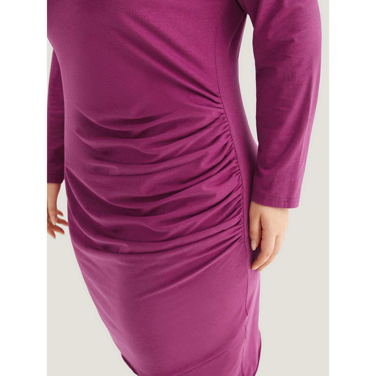 Plus Size Supersoft Essentials Solid Crew Neck Gathered Dress RedViolet Women Casual Gathered Round Neck Long Sleeve Curvy Knee Dress BloomChic 18-20/2X Product Image