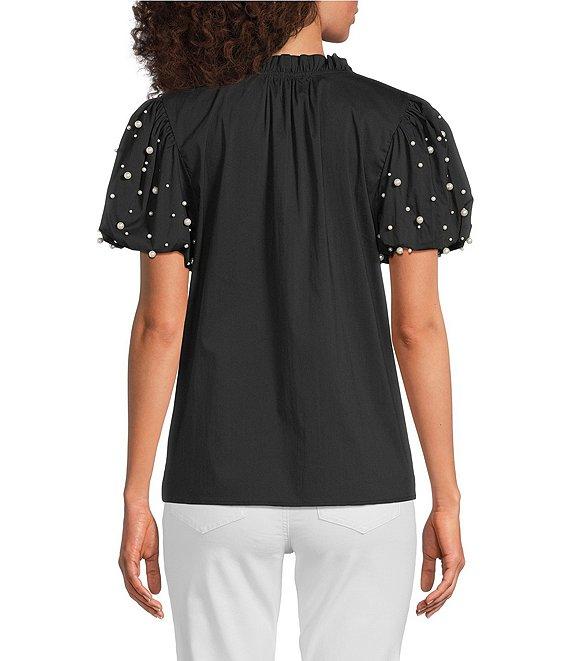 Calessa Short Pearl Sleeve Split V-Neck Woven Blouse Product Image
