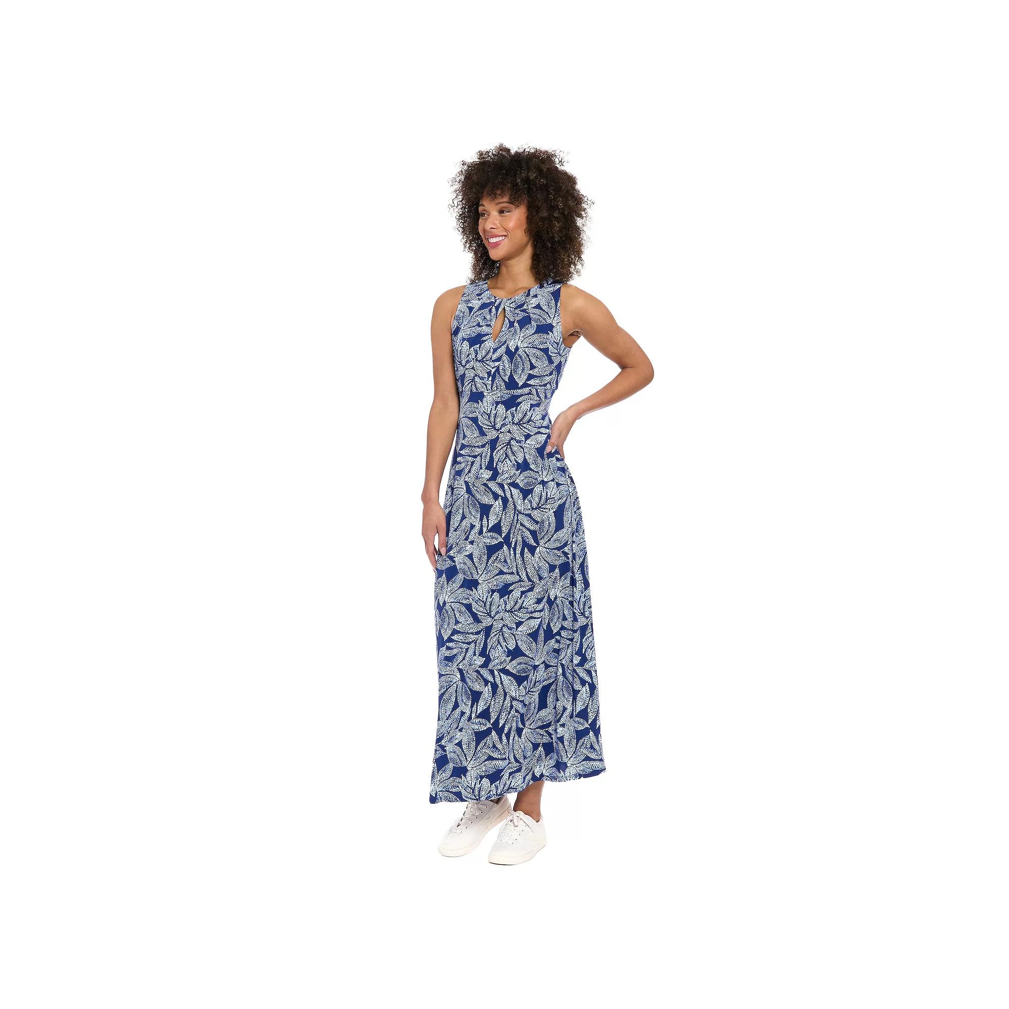 Women's London Times Falling Leaves Print Keyhole Neck Pleated Maxi Dress, Size: 14, Blue Product Image