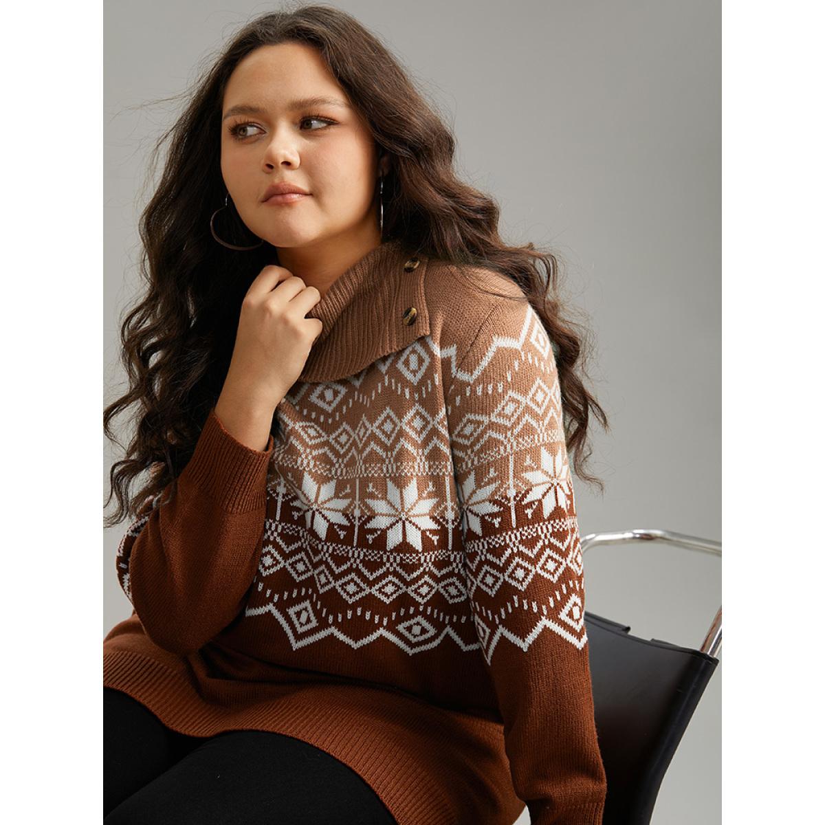 Plus Size Snowflake Print Button Detail Split Side Pullover Multicolor Women Casual Loose Long Sleeve Lapel Collar Festival-Christmas Pullovers BloomChic 22-24/3X Product Image