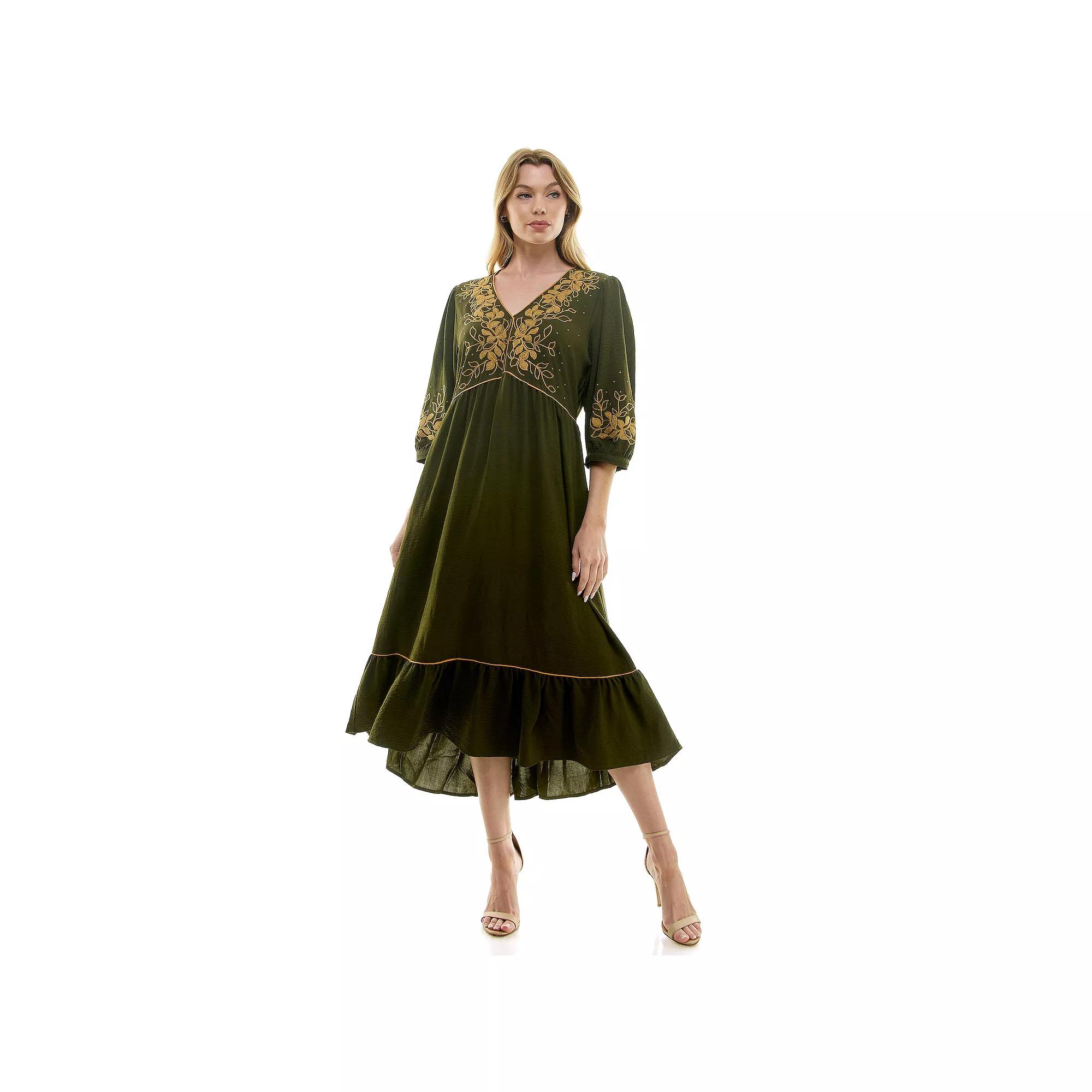 Women's Figueroa & Flower Elbow Sleeve Embroidered Peasant Dress,  Product Image