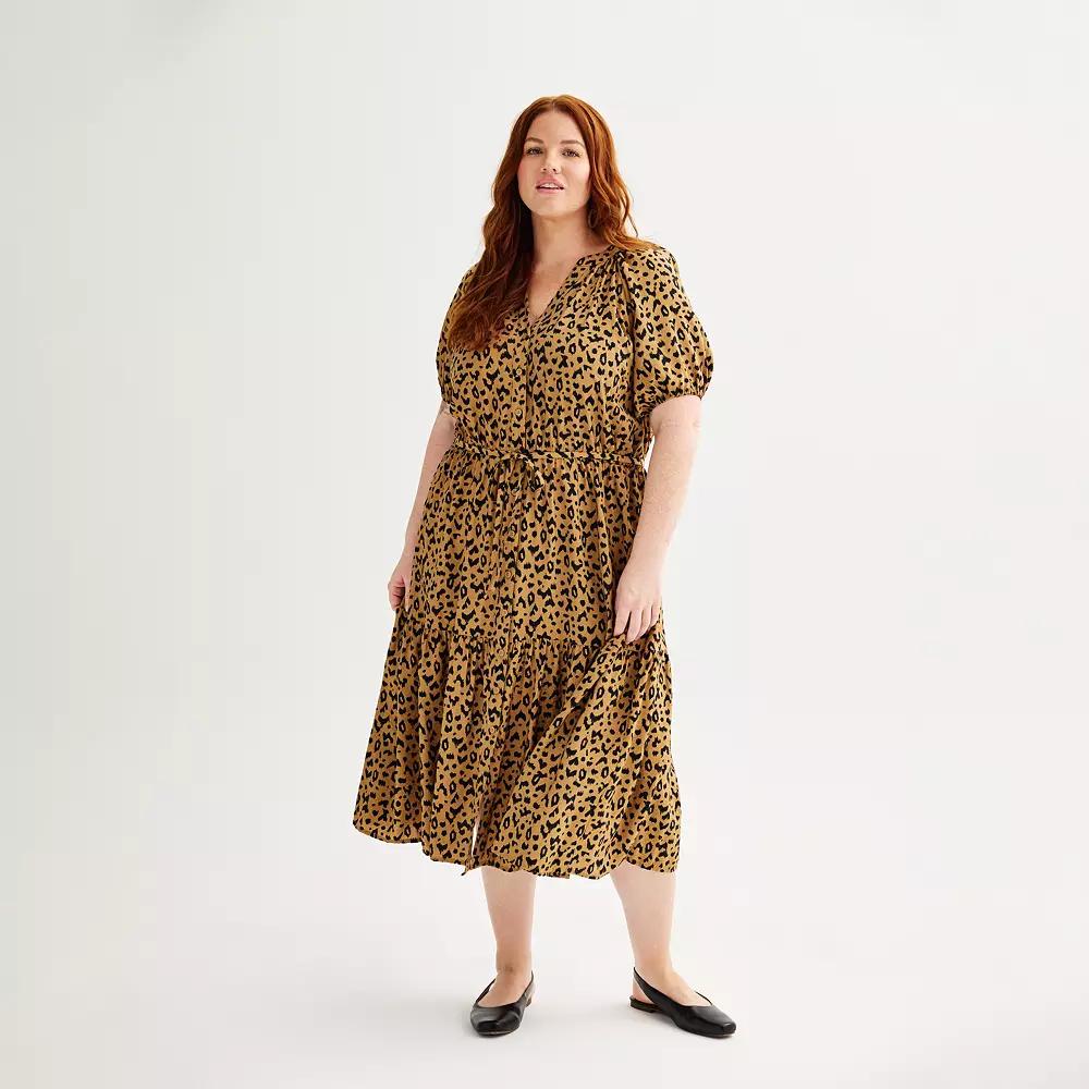Plus Size Sonoma Goods For Life® Puff Sleeve V-Neck Tiered Midi Dress, Women's, Size: 1XL, Animal Print Product Image