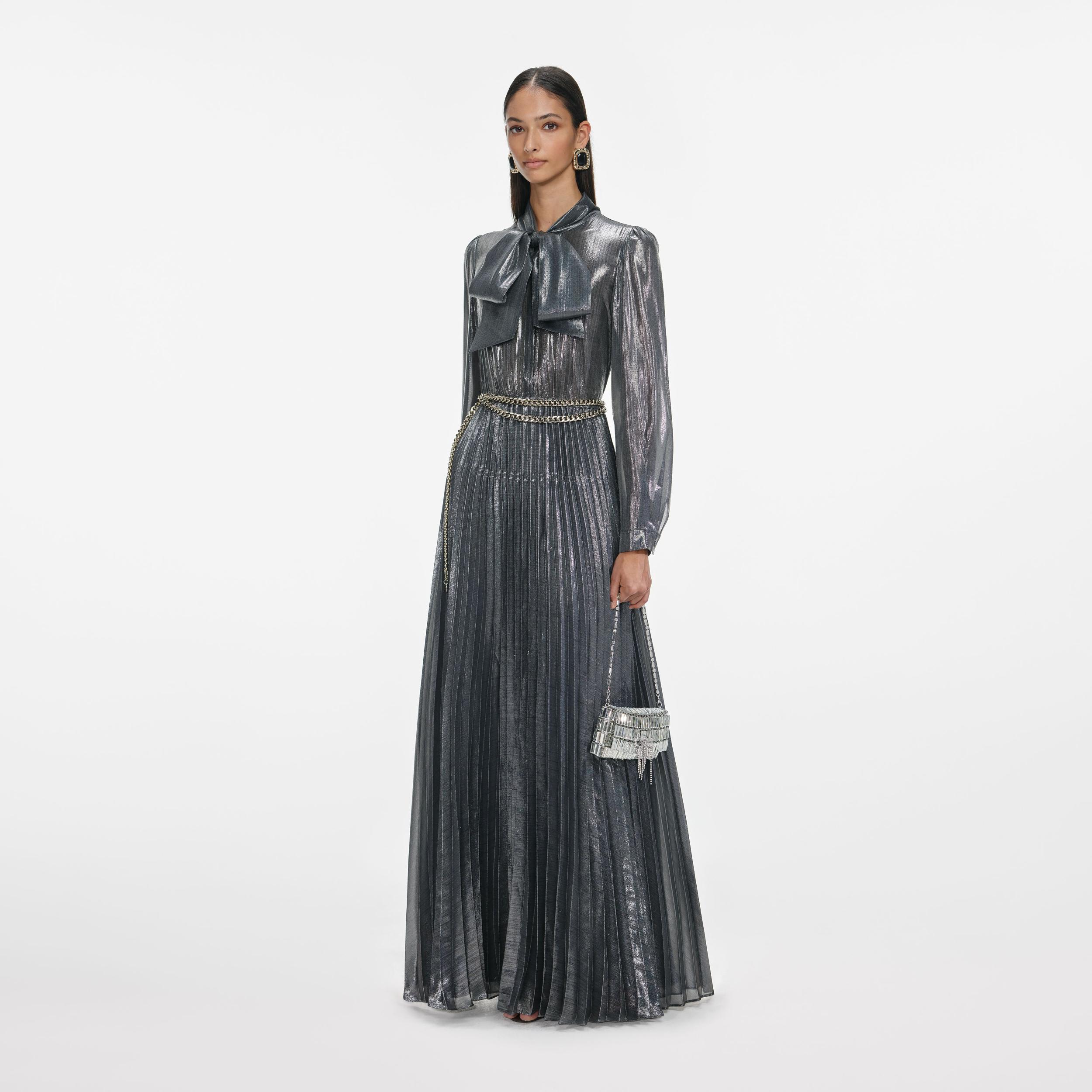 Grey Metallic Pussy Bow Maxi Dress Product Image