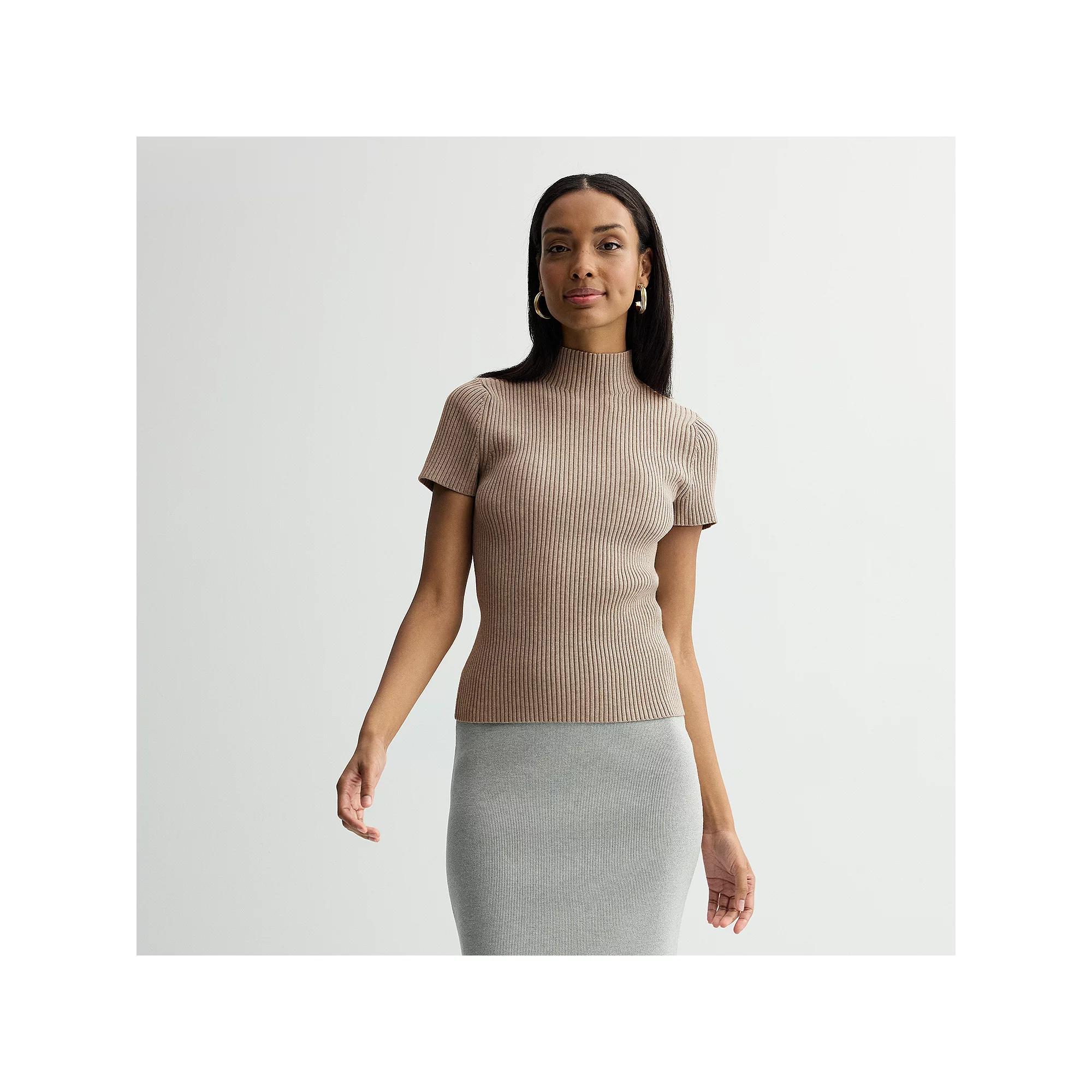 Petite Nine West Ribbed Mockneck Short Sleeve Top, Women's, Size: XL Petite, Medium Beige Product Image
