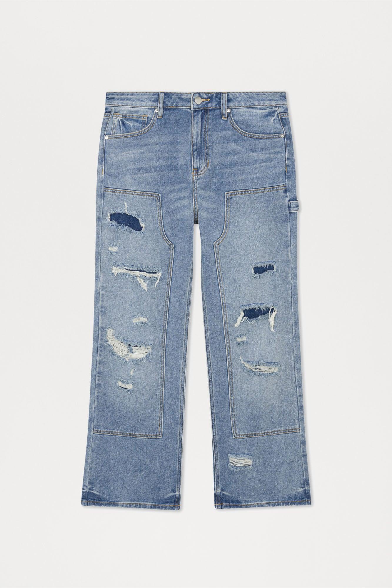 Bore Distressed Carpenter Straight Jeans - Blue Wash Product Image