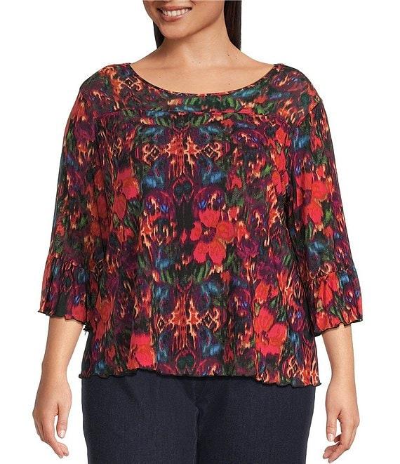 Intro Plus Size Soft Mesh Floral Print 3/4 Romantic Sleeve Top Product Image