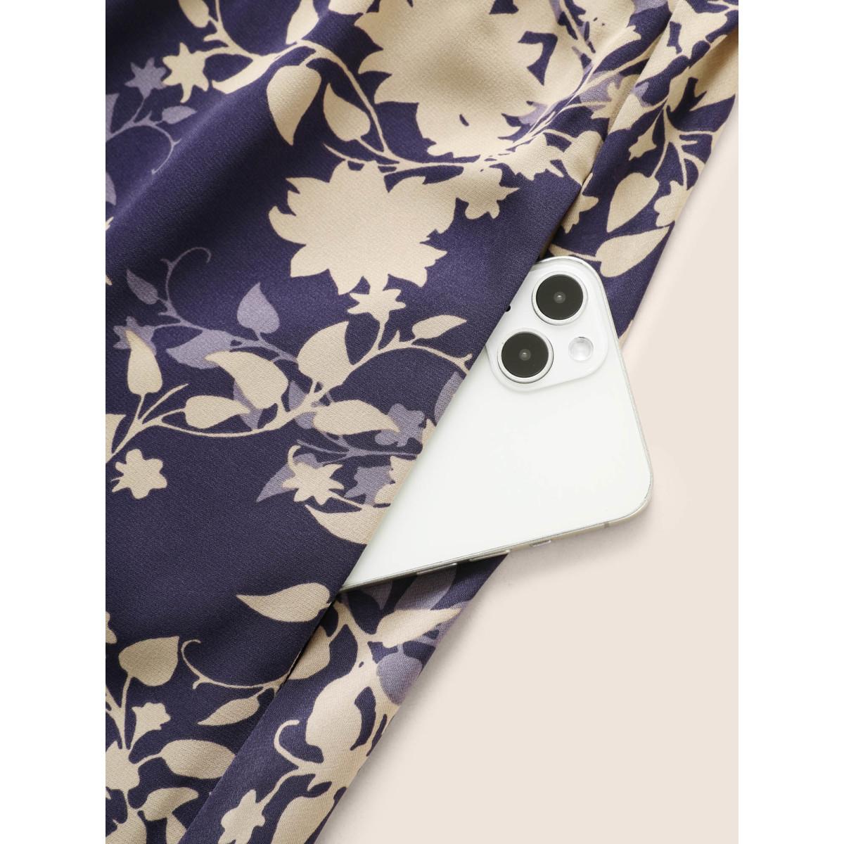 Plus Size Floral Print Overlap Collar Belted Flutter Sleeve Dress Blackcurrant Women Elegant Overlapping Overlap Collar Short sleeve Curvy Midi Dress BloomChic 18-20/2X Product Image