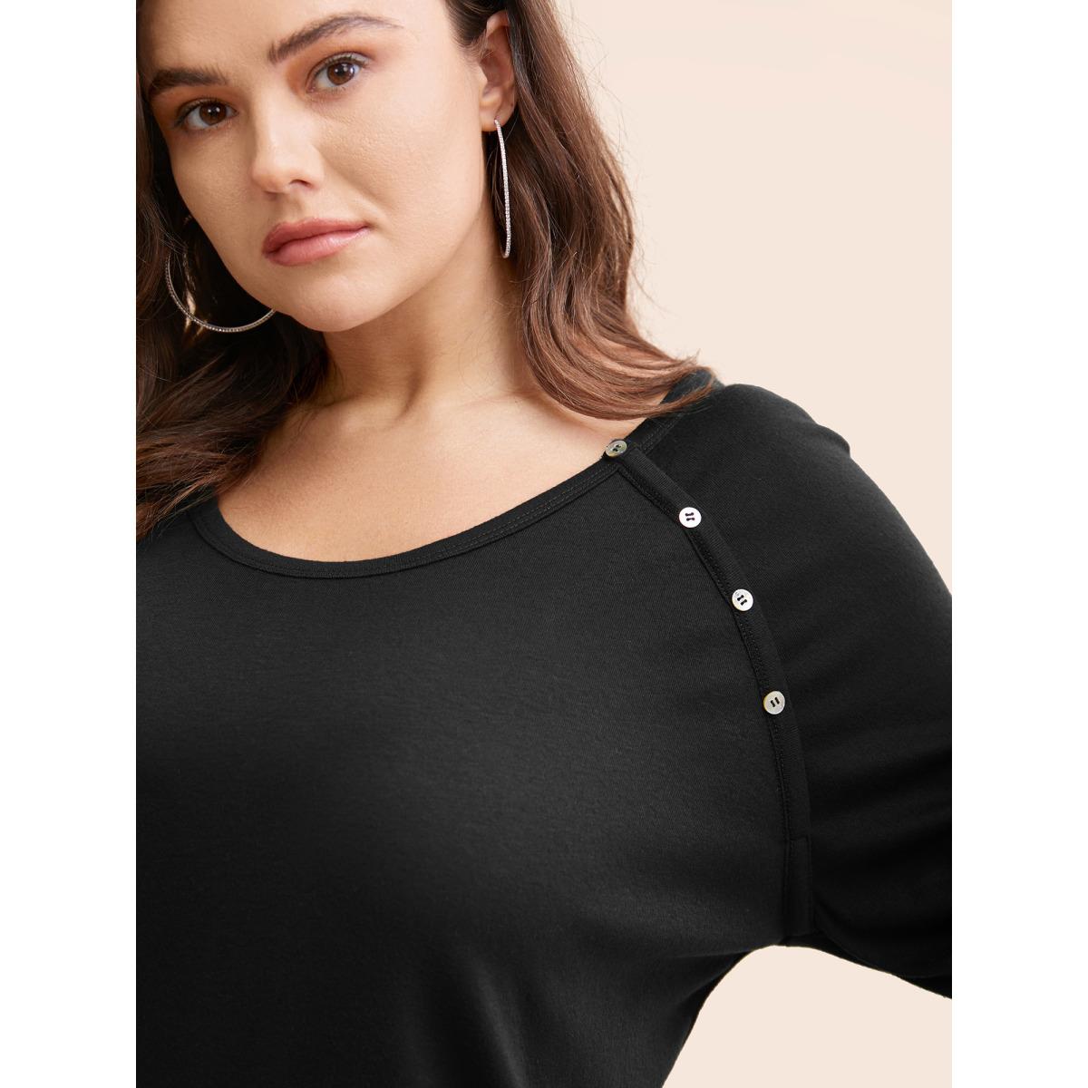 Plus Size Plain Gathered Button Detail T-shirt Indigo Women Casual Gathered Plain Round Neck Dailywear T-shirts BloomChic 10/M Product Image