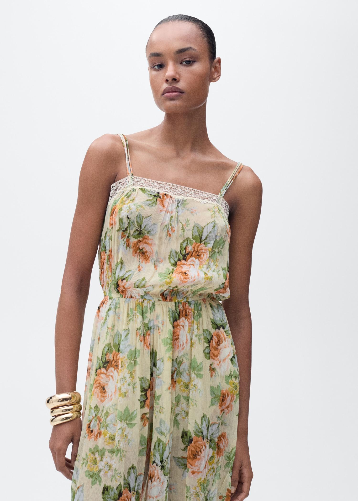 Long floral jumpsuit with puffed hem - Women | MANGO USA Product Image