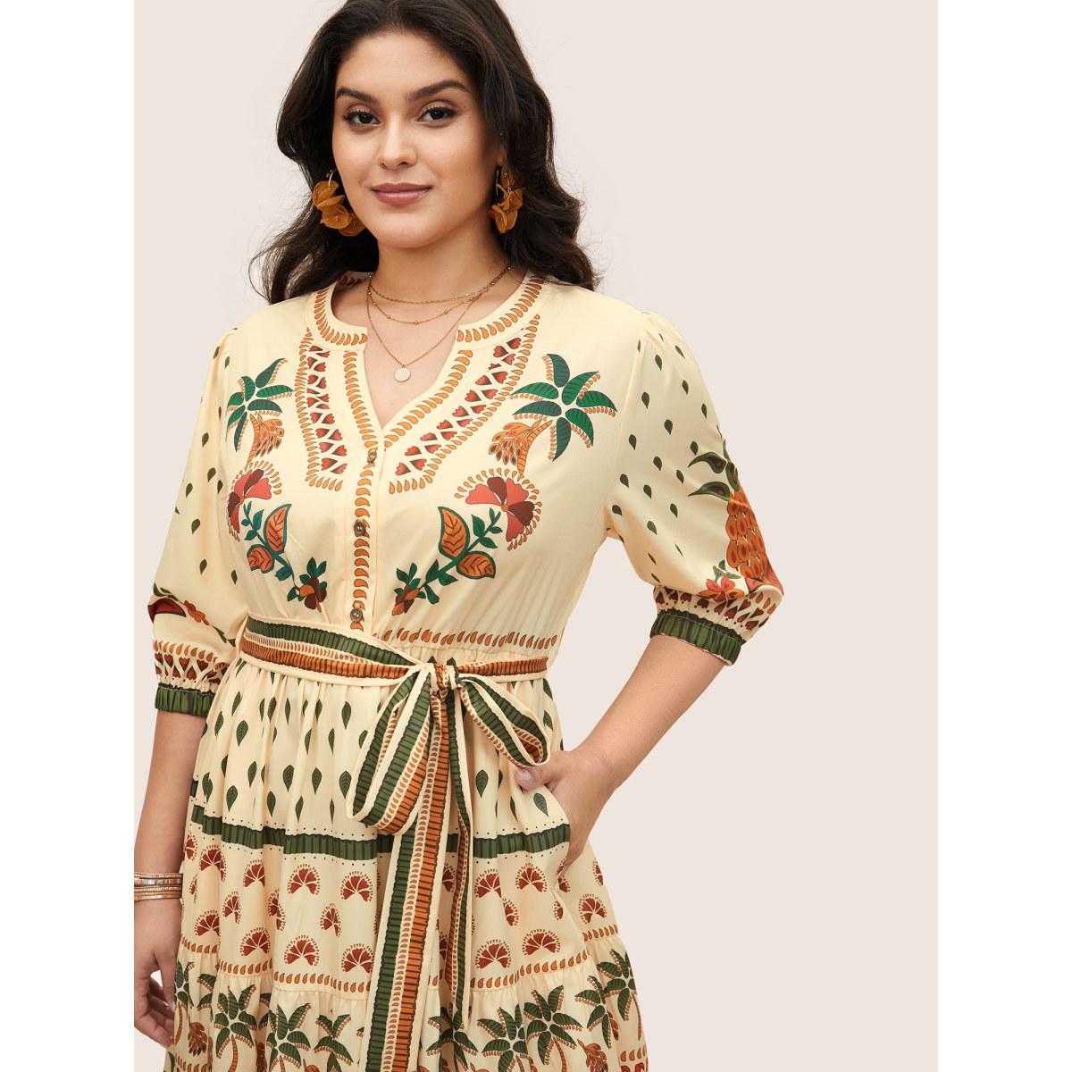Plus Size Boho Print Notched Collar Patchwork Belted Dress Apricot Women Resort Non Notched collar Elbow-length sleeve Curvy Midi Dress BloomChic 18-20/2X Product Image