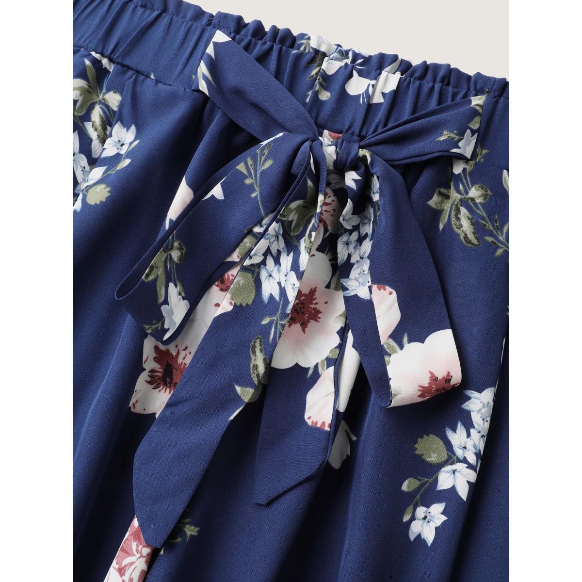 Plus Size Large Floral Print Wide-Leg Pants Women Indigo Romantic Loose Mid Rise Elegant Pants BloomChic 22-24/3X Product Image