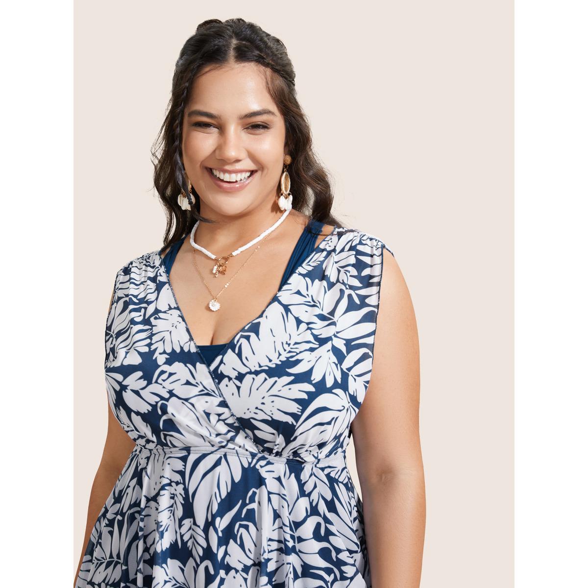 Plus Size Tropical Print V Neck Sleeveless Swim Dress Women's Swimwear Indigo Beach Bodycon V-neck High stretch Curve Swim Dresses BloomChic 10/M Product Image