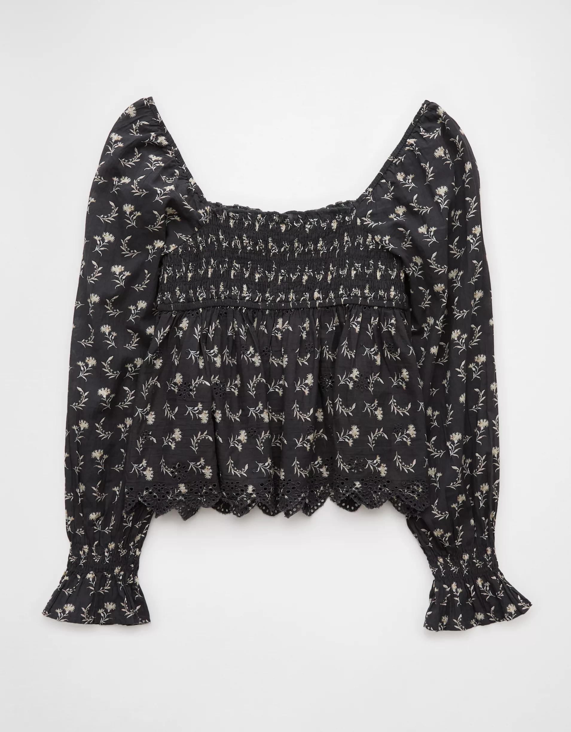 AE Long-Sleeve Smocked Babydoll Blouse Product Image