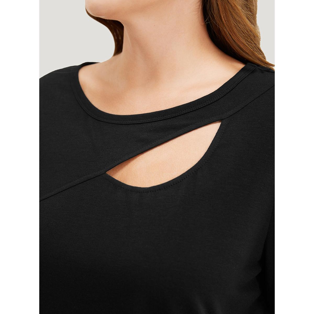 Plus Size Solid Cut Out Crew Neck T-shirt Black Women Elegant Cut-Out Plain Round Neck Dailywear T-shirts BloomChic 18-20/2X Product Image