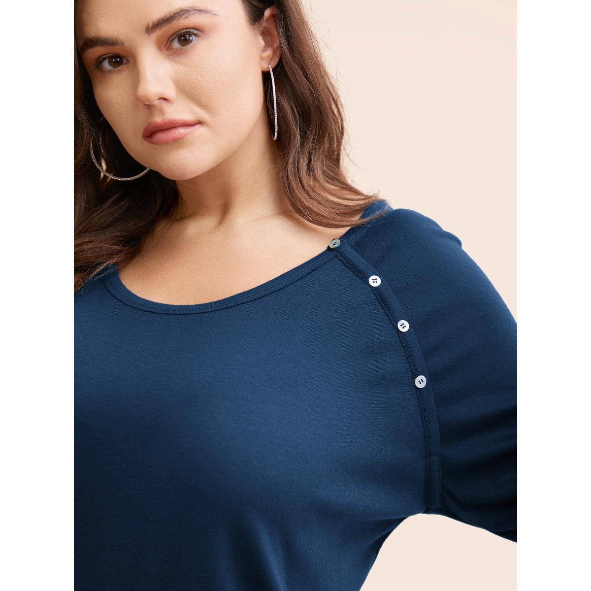 Plus Size Plain Gathered Button Detail T-shirt DarkGreen Women Casual Gathered Plain Round Neck Dailywear T-shirts BloomChic 14-16/1X Product Image