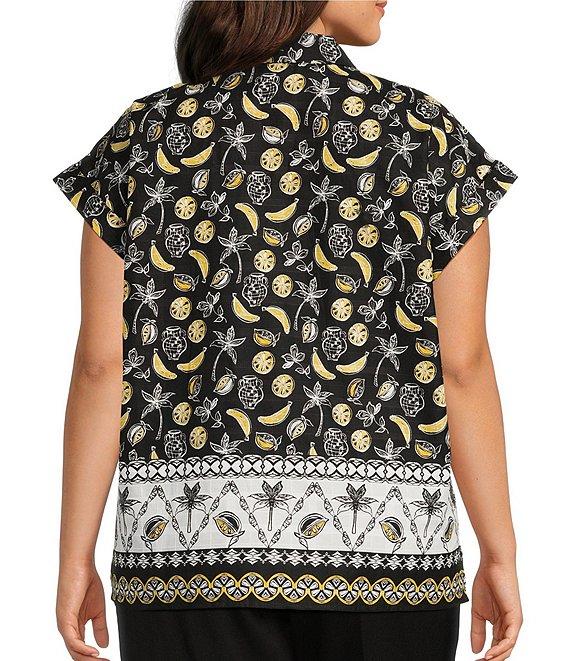 Allison Daley Plus Size Fruit Print Cap Sleeve Point Collar Button-Front Shirt Product Image