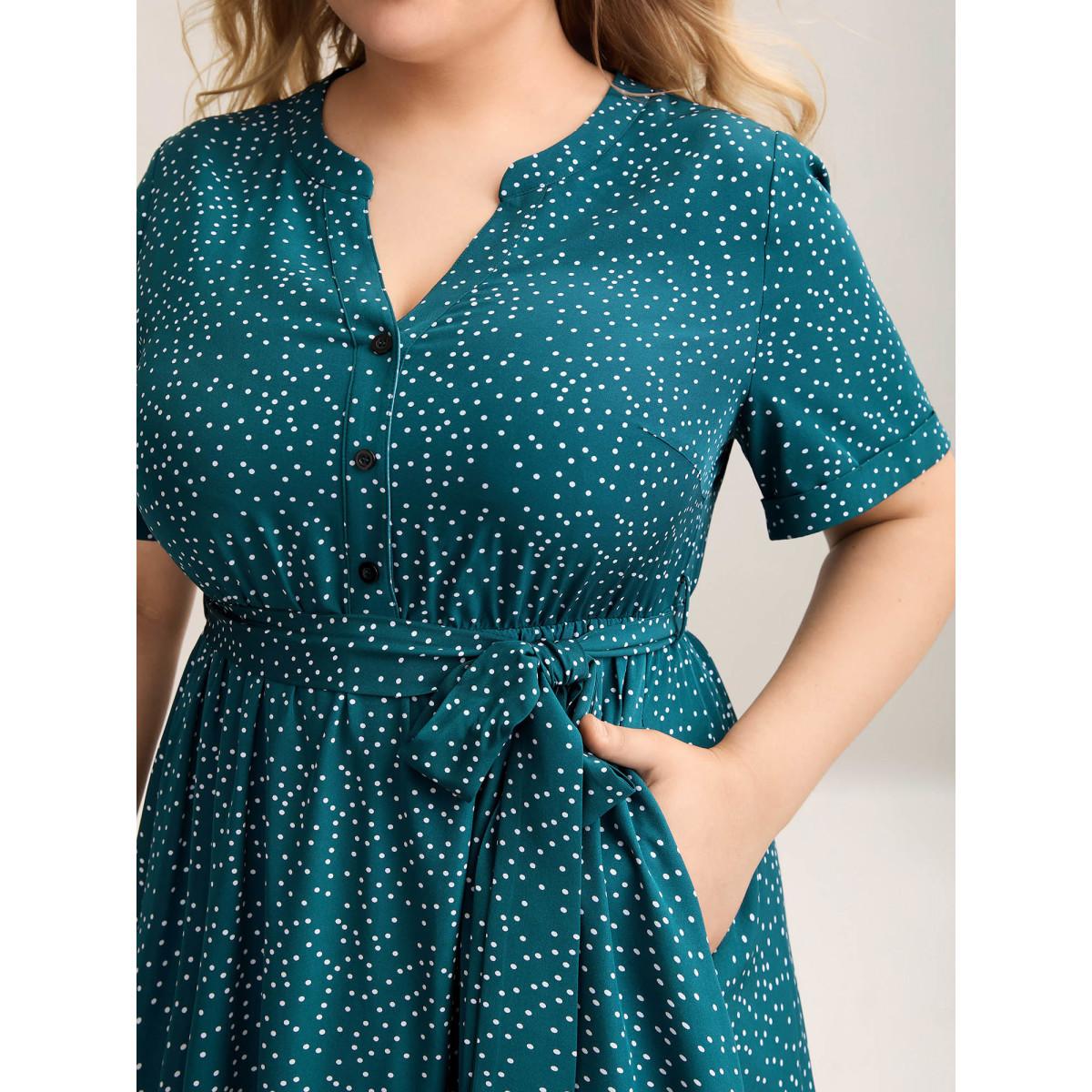 Plus Size Stretchy Waist Tied Pockets Printed Midi Dress Cyan Women At the Office Belted Flat collar Short sleeve Curvy BloomChic 10/M Product Image