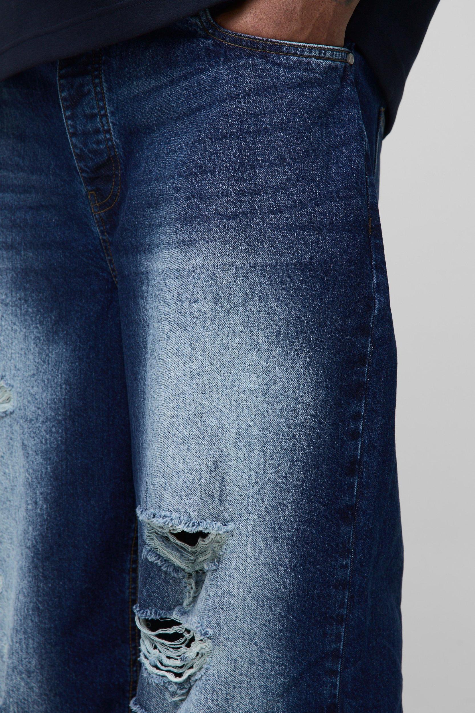 Plus Washed Multi Rip Relaxed Fit Jeans | boohooMAN USA Product Image