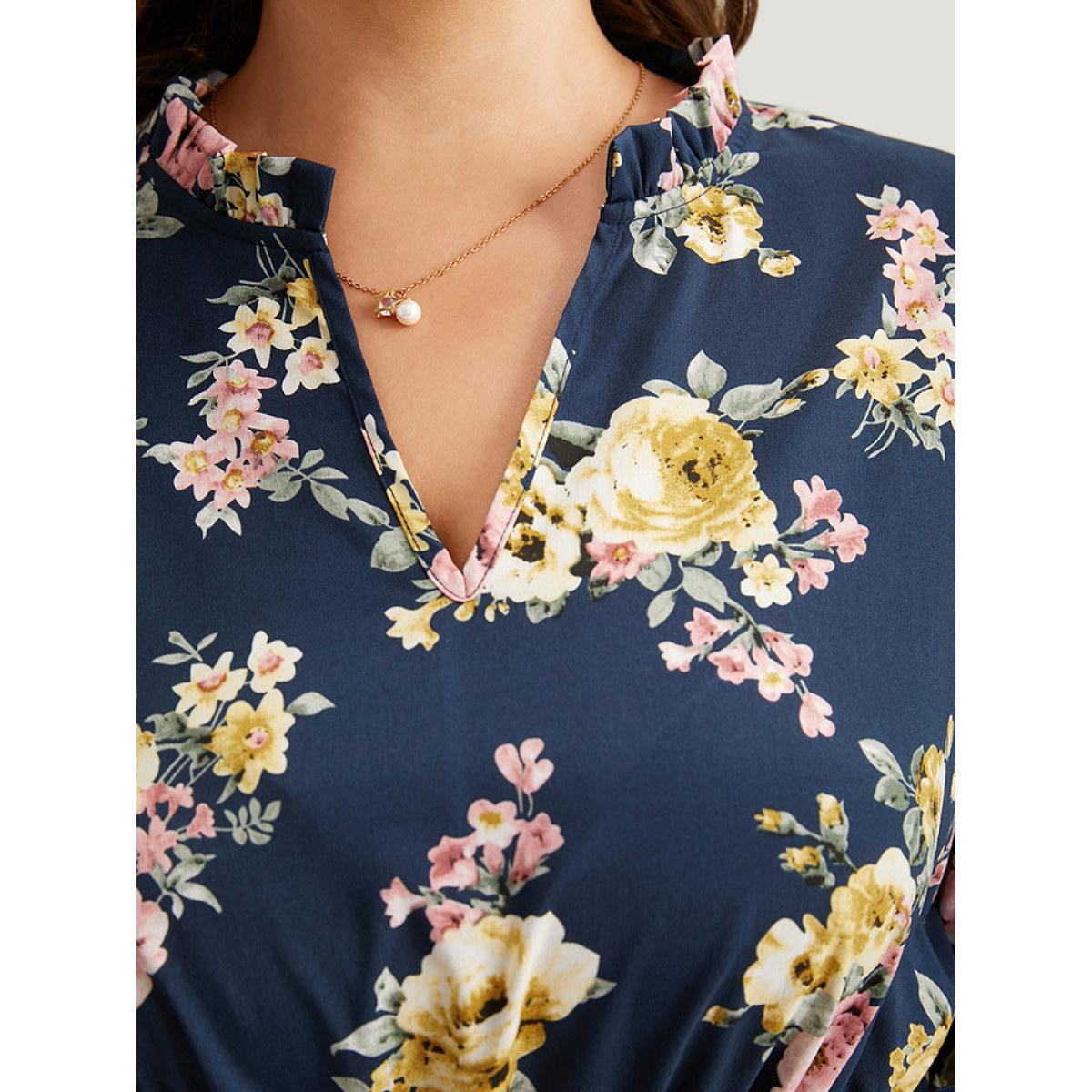 Plus Size Floral Print Frill Trim Belted Pocket Dress Navy Women Office Belted Notched collar Elbow-length sleeve Curvy Midi Dress BloomChic 22-24/3X Product Image