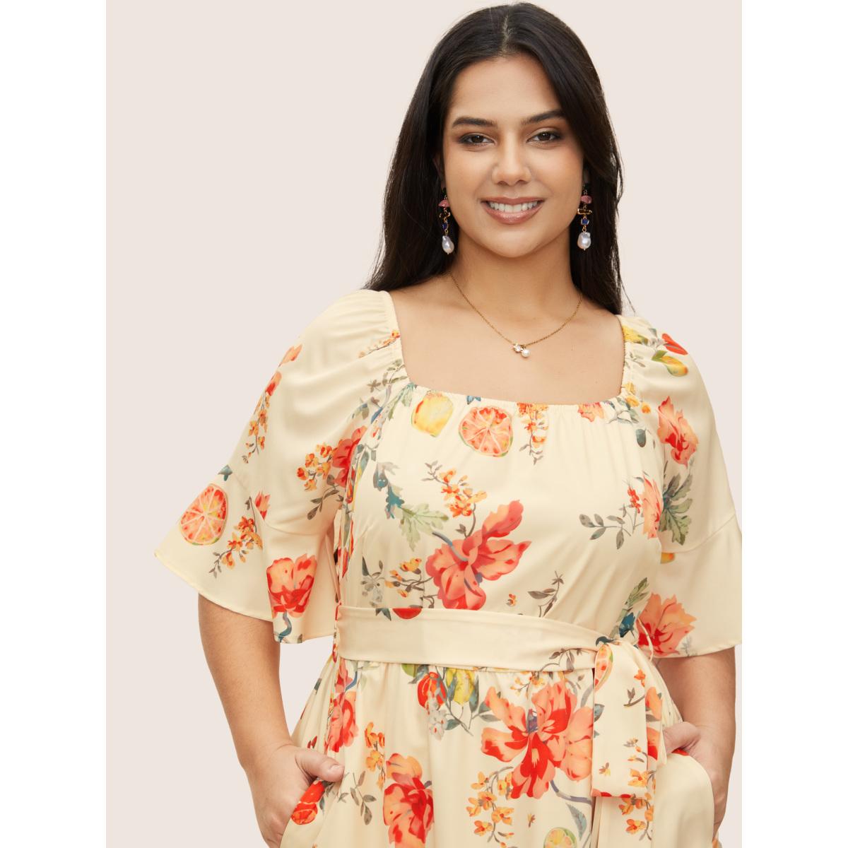 Plus Size Citrus Orange Print Square Neck Ruffles Gathered Dress Apricot Women Elegant Gathered Square Neck Half Sleeve Curvy Midi Dress BloomChic 12/L Product Image
