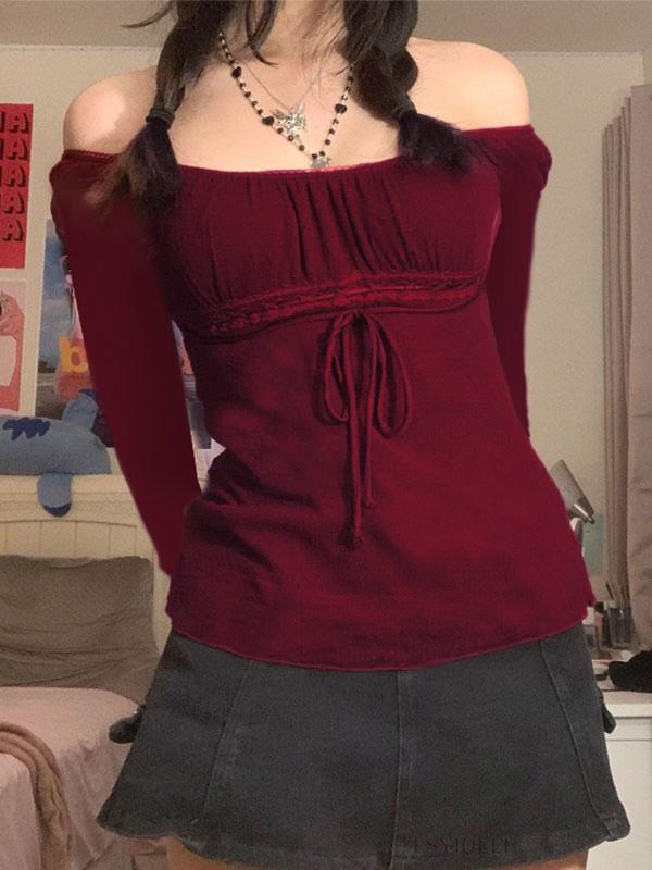 Lace Trim Tie Front Long Sleeve Blouse Product Image