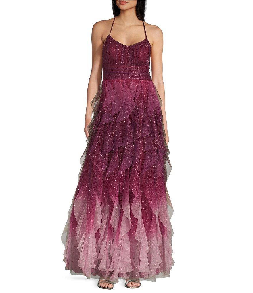 Pear Culture Glitter Ombre Corkscrew Tulle Long Dress Product Image