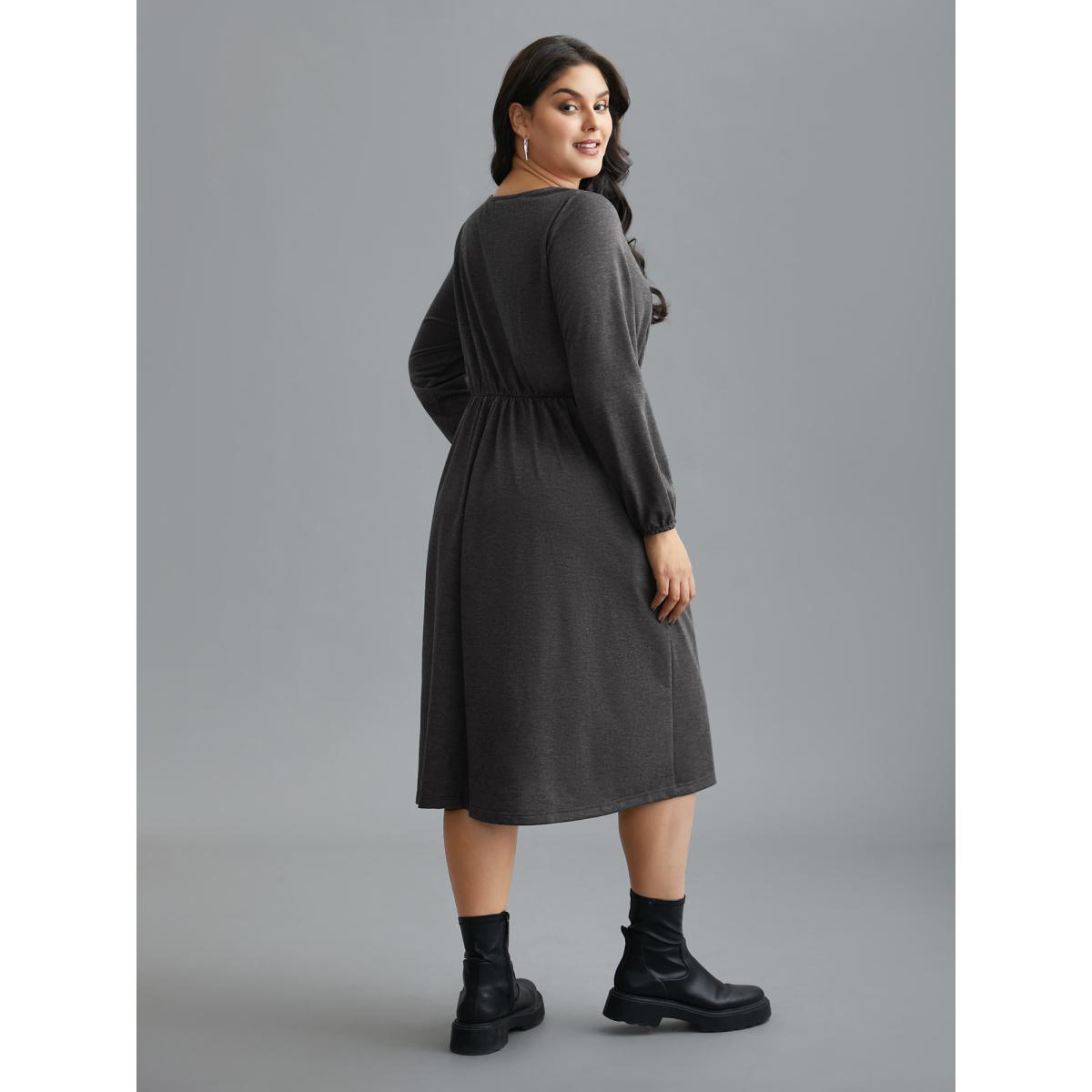 Plus Size Elastic Waist Tie Round Neck Knit Midi Dress DarkGray Women Casual Drawstring Knit Dresses Bloomchic 26/4X Product Image